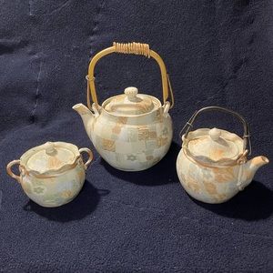 Set of 3 Banko Ware Tapestry Finish Pottery Antique Japan Kettle Teapot